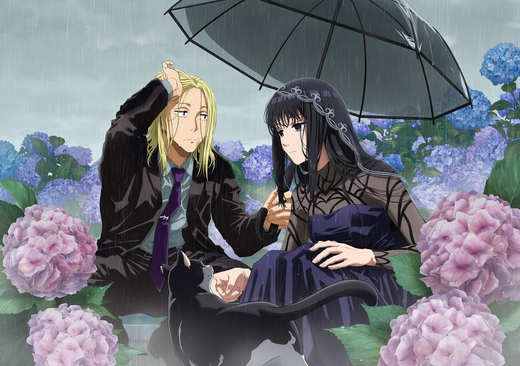 ภาพวาดพิเศษ Seasonal Visuals ตอนที่ 3 ของอนิเมะ SAKAMOTO DAYS ธีมเดือนมิถุนายนฤดูฝน แสดงให้เห็น คามิโกริ และ ไดบุตสึ พบกับแมว